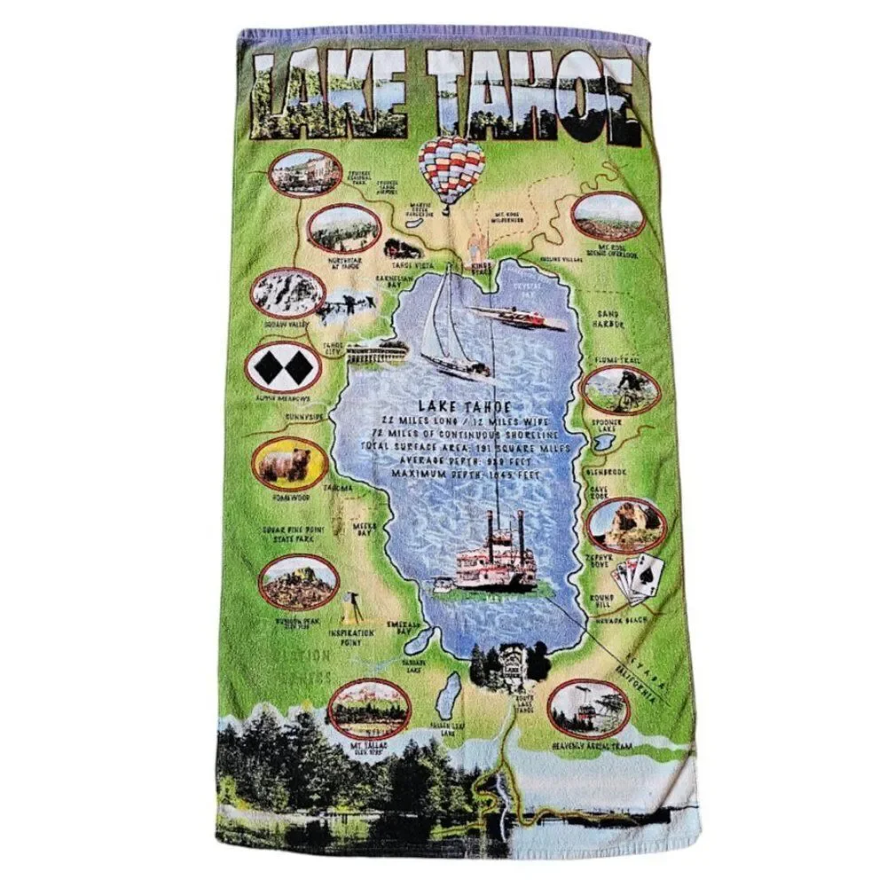 Lake Tahoe Map Beach Towel Travel Destination Tourist Tourism Vacation